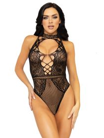 Net and Lace Keyhole Halter Bodysuit - One Size - Black