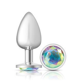 Clear Iridescent Round Gem Silver Metal Plug - Lg